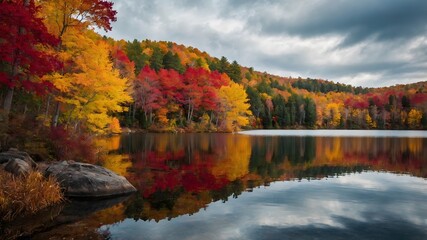Obraz premium A picturesque lake surrounded by autumn foliage with vibrant reds, oranges, and yellows 