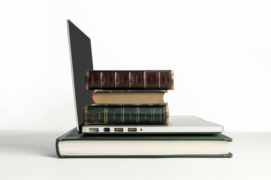 A laptop and coding books are essential tools for a software developer to work efficiently. The image showcases a clean and organized workspace.