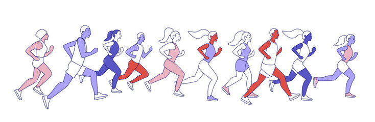 Group of diverse runners in motion colorful flat design active lifestyle fitness sports teamwork concept