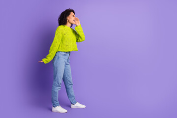Photo of curly black haired funny young woman wearing green knitted jumper touch cheek saying rumors isolated on violet color background