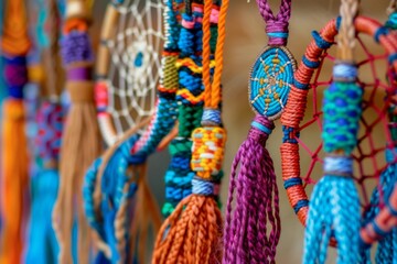 A macro image of handwoven friendship bracelets and dreamcatchers, embodying the spirit of Native American Heritage Month in the United States. 