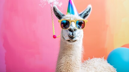 Obraz premium Funny llama with sunglasses birthday cap and blowing whistle isolated on colorful background