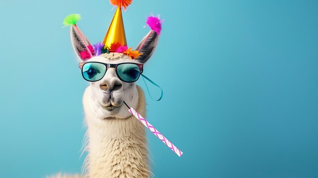 Funny llama with sunglasses birthday cap and blowing whistle isolated on colorful background