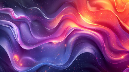 Fototapeta premium Colorful abstract waves with sparkling stars and gradients of purple, pink, and orange hues.