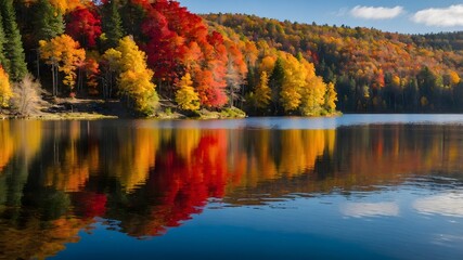 Fototapeta premium A picturesque lake surrounded by autumn foliage with vibrant reds, oranges, and yellows 