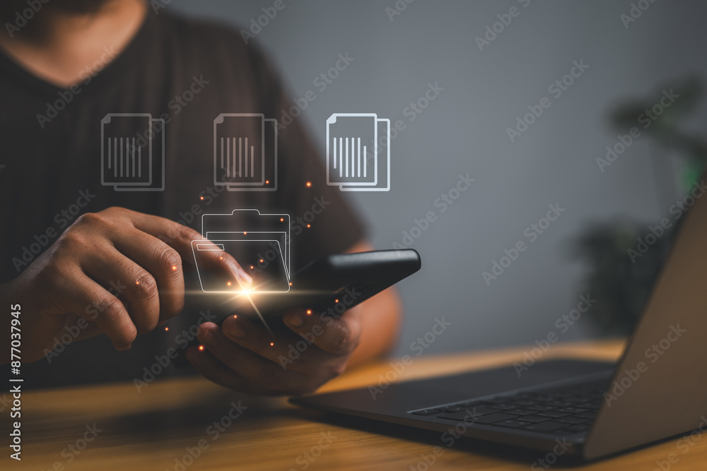 Poster Document Management System (DMS), online documentation database and process automation to efficiently manage files, knowledge and documentation in enterprise with ERP. Corporate business technology