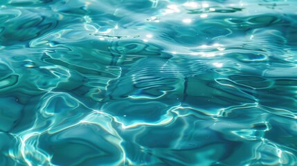 Light and shadows create an intricate play on a rippling blue-green water surface, emphasizing the delicate and hypnotic movement of water in an abstract and serene form.