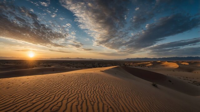 A panoramic view of a desert landscape with rolling sand dunes under a dramatic sunset sky