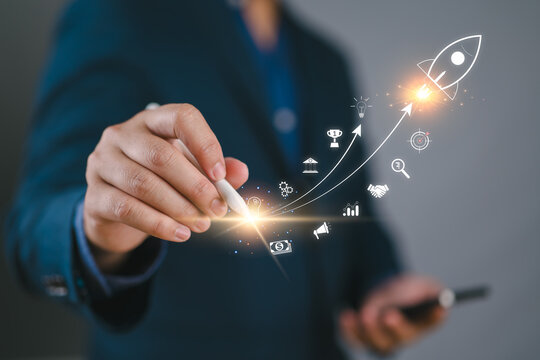 Startup business trend growth concept, improve development chart of company. Graph upward arrow grow up. Plan best sale performance return on investment stock, opportunity success challenge strategy