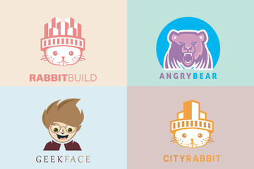 Collection of Bear, RabbitGeek logo template with a mascot illustration. Man cartoon character portrait people vector illustration.