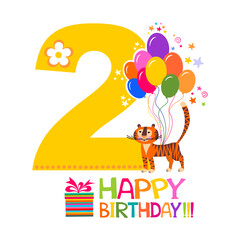 Happy birthday card. Celebration  background with number two, gift box, balloons, tiger and place for your text. Horizontal banner. Greeting, invitation card or flyer. Vector Illustration