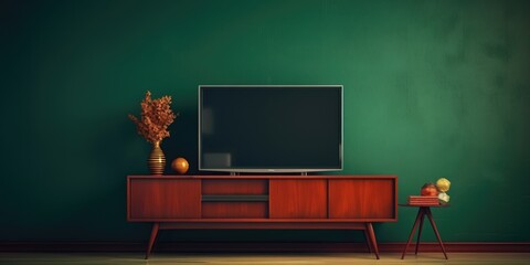 A large green wall with a television mounted on a stand, perfect for background or decoration