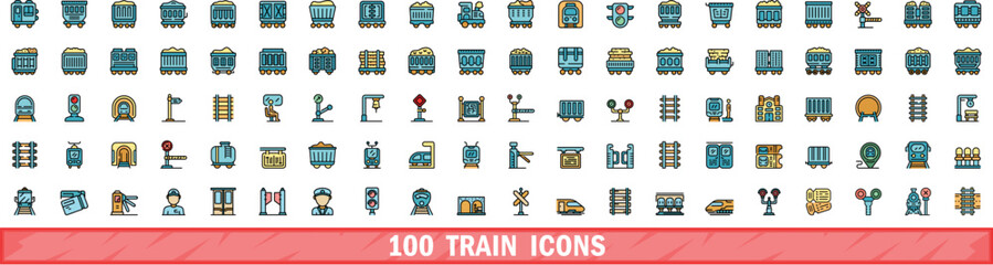 100 train icons set. Color line set of train vector icons thin line color flat on white