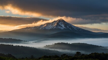 Fototapeta premium a misty mountain in the early morning with the first