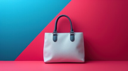 Close-up of female hand holding blank white shopping paper bag. Mockup template for branding bag isolated on flat blue background with copy space.