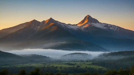 Fototapeta premium a misty mountain in the early morning with the first