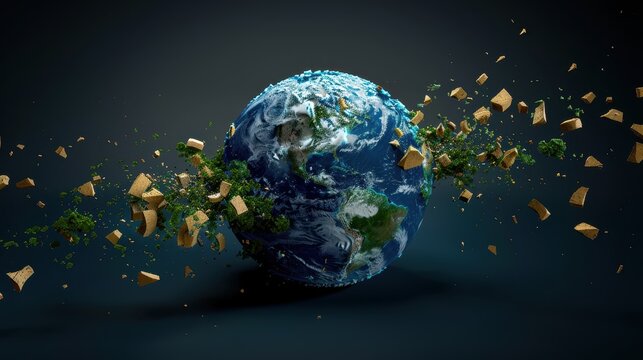 A stunning visualization of Earth shattering into fragments, highlighting the breakage of flora and terrain pieces, symbolizing environmental impact and natural disasters.