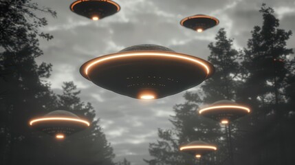 Several flying saucers hovering over a dense forest in a cloudy, eerie setting. The scene evokes a sense of mystery and potential extraterrestrial presence in the secluded woods.