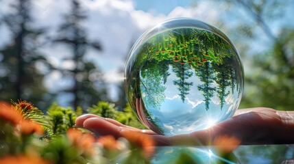 A hand gently holding a crystal ball that captures and reflects the lush green scenery of a forest, the blue sky, and the beauty of nature in a magical view.