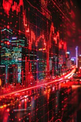 A vibrant cityscape at night with a digital stock market graph overlay, showcasing modern financial technology and urban life.