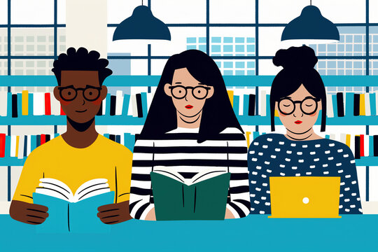 Diverse group of students studying in a library. Generative AI image