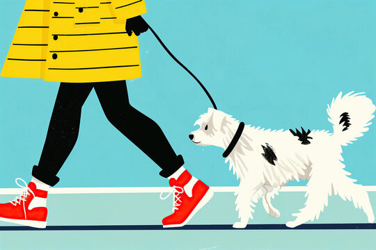 Woman in vibrant coat walks a fluffy dog on a sunny day. Generative AI image