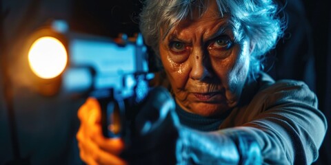 A woman holds a gun in a dimly lit room, ready for action