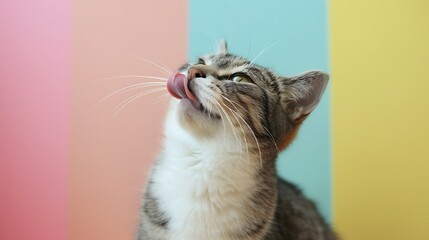 Grey and white cat licks face isolated on colorful background
