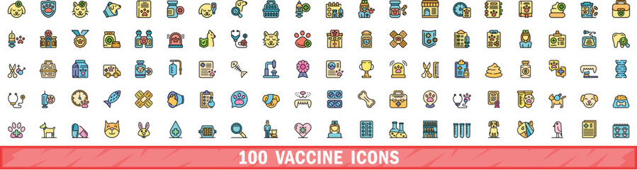 100 vaccine icons set. Color line set of vaccine vector icons thin line color flat on white
