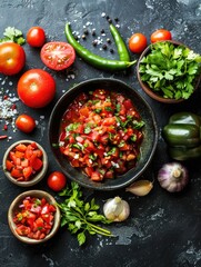 A bowl filled with fresh tomatoes, peppers, and garlic ready to be used in making homemade salsa