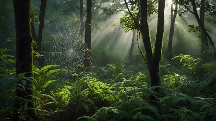 A misty morning in a lush, green forest with dew-covered spider webs glistening in the sunlight