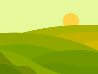 Obraz premium Wavy landscape with green hills and the sun on the horizon. Dawn with green meadows in a minimalist style. Design for posters, prints and banners. Vector illustration
