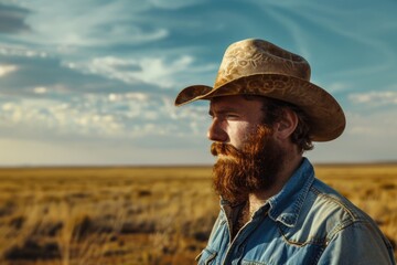 Fototapeta premium A man with a long beard and cowboy hat, possibly for a costume or character