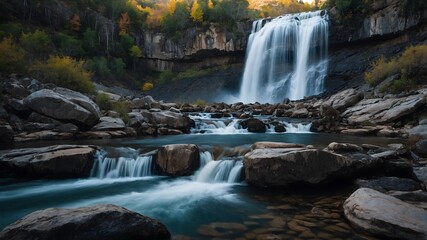 Fototapeta premium A breathtaking waterfall cascading down a rugged cliff into a pool surrounded by rocks and trees