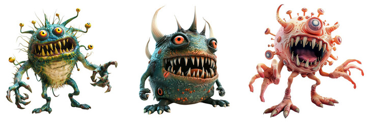 Obraz premium Set of A friendly, multi-colored monster waving isolated on transparent background