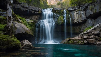 A breathtaking waterfall cascading down a rugged cliff into a pool surrounded by rocks and trees