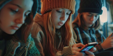 Fototapeta premium A group of girls sitting together on their cellphones, likely socializing or taking selfies