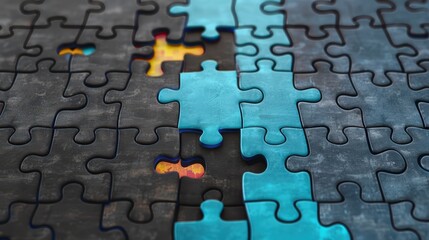 Image showing a close-up of puzzle pieces with some parts missing, highlighting the dynamic contrast between blue pieces and a dark background, evoking a sense of incompletion.