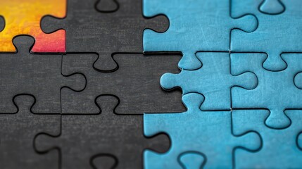 A closer view of puzzle pieces showing gaps for missing parts, with a mix of blue and dark-colored pieces, symbolizing the challenge of solving and the quest for unity.