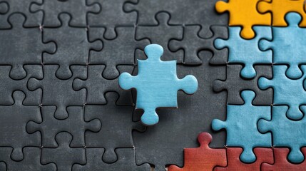 A single blue puzzle piece lies on a board with several parts missing, contrasting against the dark background, symbolizing the final step towards completion and resolve.