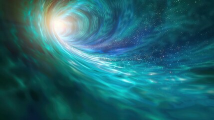 Obraz premium An enchanting visual of a blue and green vortex twisting towards a bright light source, epitomizing the concepts of transformation, movement, and the infinite with sparkling effects.