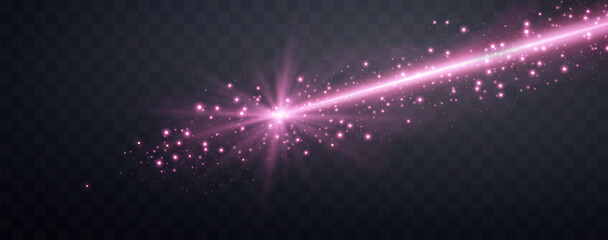 Pink horizontal laser beam. Neon line, presentation pointer. Pink glow flare light effect. Vector illustration. Isolated on dark transparent background.