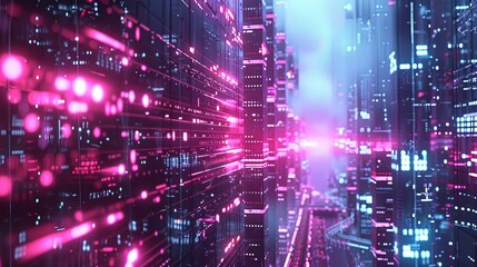 Obraz premium A cityscape with a pink glow and a lot of dots
