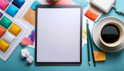 A mockup of a blank white paper sheet on a digital tablet with creative apps visible.