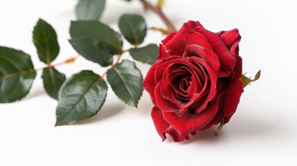 A close-up shot of a rich red rose in full bloom, accompanied by vibrant green leaves, showcasing intricate petal details set against a minimalist white backdrop.