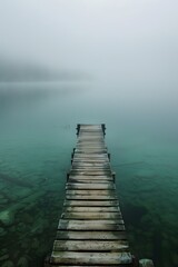 Fototapeta premium Wooden dock extending into a still, misty lake with a rocky bottom. copy space. 