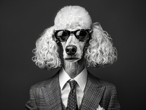 A dressed-up canine sporting shades and a tie, perfect for corporate or advertising use