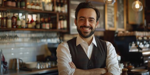 Fototapeta premium A man stands with his arms crossed in front of a bar, ready to socialize