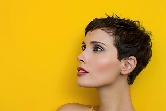 Stylish pixie cut with a bold, modern look, set against a solid color background with plenty of copyspace, emphasizing the chic and edgy style,