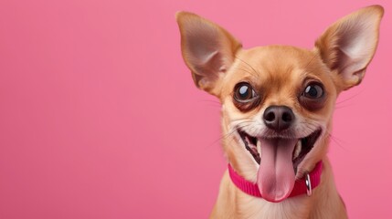 Obraz premium A small brown dog with a pink collar is smiling and sticking its tongue out. The image has a happy and playful mood